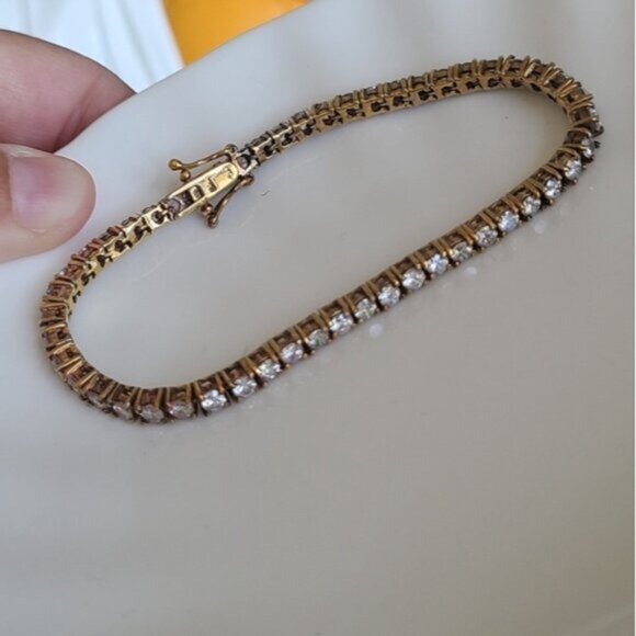 Vintage Gold Tone Sterling Silver Quiet Luxury CZ Crystal Tennis Prep Bracelet - Picture 3 of 6
